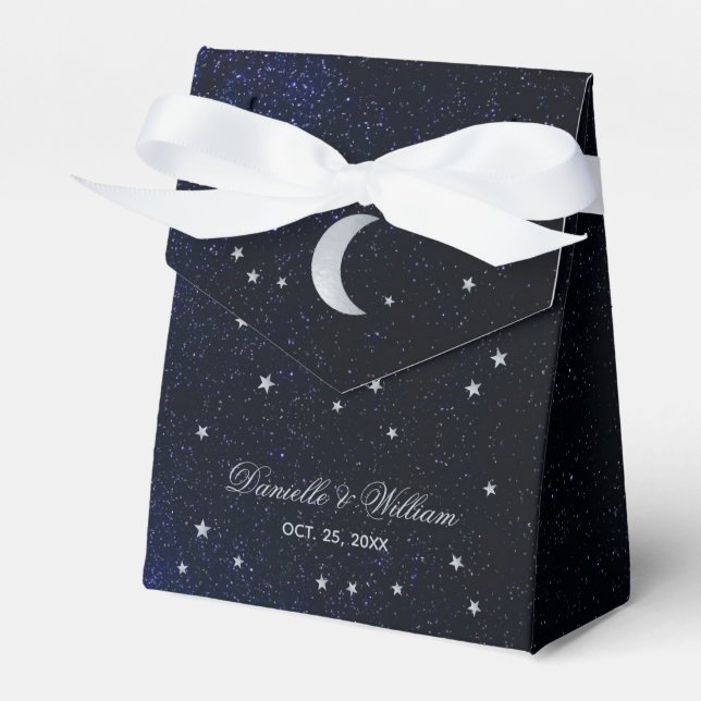 Caixinha De Lembrancinhas Casamento Celestial Azul Noite Estelar Lua Pratead (Frente)