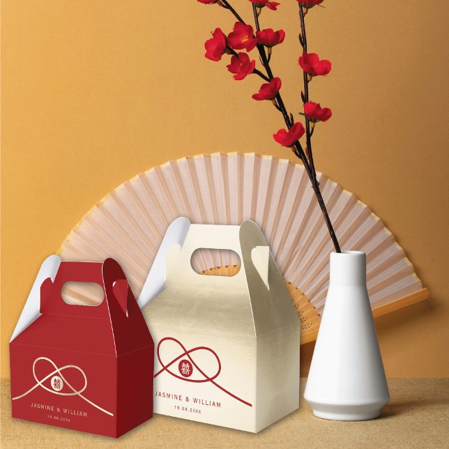 Caixinha De Lembrancinhas Casamento Chinês de Felicidade Dupla Dourada União (Red/Gold Knot Union Double Happiness Minimalist Chinese Wedding Party Favor Boxes @ fatfatin_red_box)