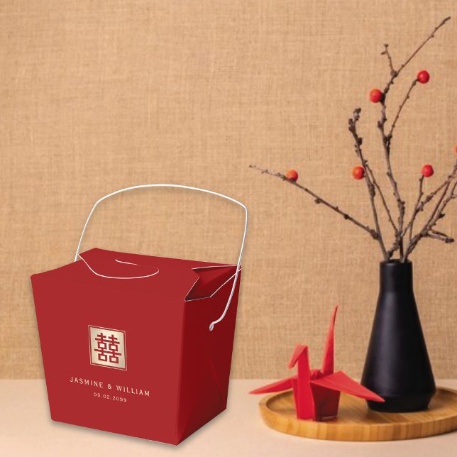 Caixinha De Lembrancinhas Casamento Chinês de Felicidade Dupla Quadrada Clás (Red/Gold Classic Square Double Happiness Chinese Wedding Party Favor Boxes @ fatfatin_red_knot)