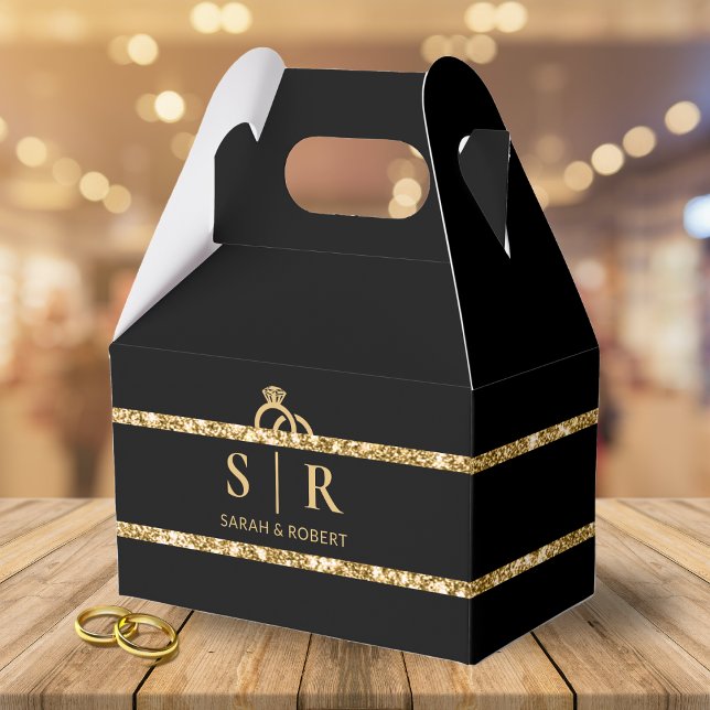 Caixinha De Lembrancinhas Casamento com Anéis de Diamantes de Faixa Dourada  (Black & Gold Glitter Strip Diamond Ring Wedding Favor Box)