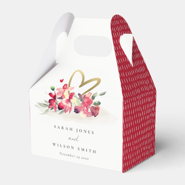 Caixinha De Lembrancinhas Casamento com Aquarelas Douradas Vermelhas de Cora (Frente)