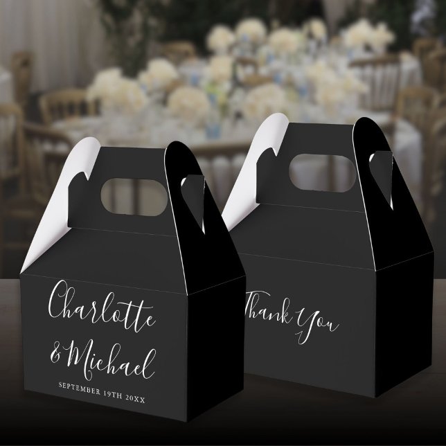 Caixinha De Lembrancinhas Casamento com Letra de Assinatura Elegante Preto e (Black And White Elegant Signature Script Wedding Favor Boxes)