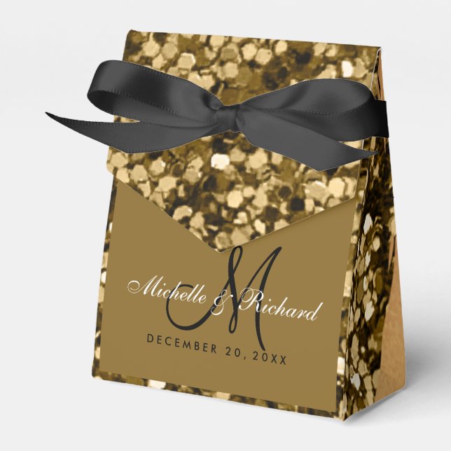 Caixinha De Lembrancinhas Casamento Com Monograma De Ouro Glitter Chic Elega (Frente)