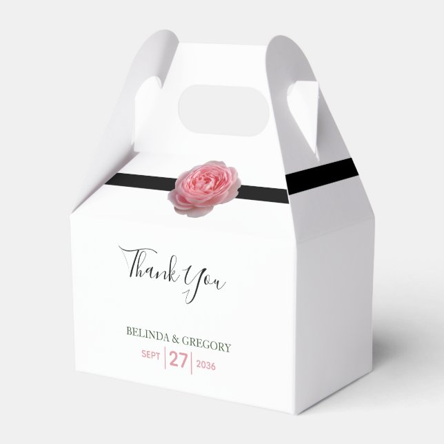 Caixinha De Lembrancinhas Casamento com Rosa Rosa e Fita Preta (Frente)