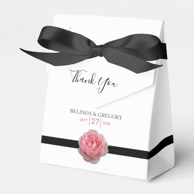 Caixinha De Lembrancinhas Casamento com Rosa Rosa e Fita Preta (Frente)