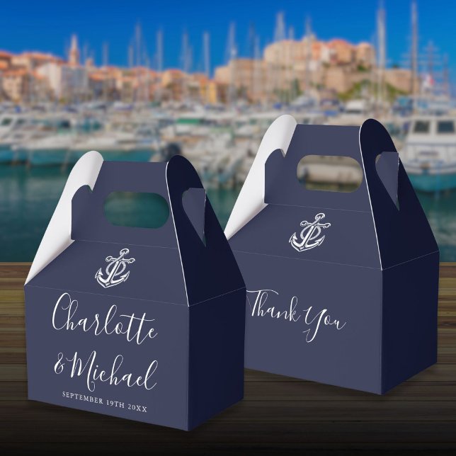 Caixinha De Lembrancinhas Casamento com Roteiro Náutico Azul Marinho (Navy Blue Nautical Signature Script Wedding Favor Boxes)