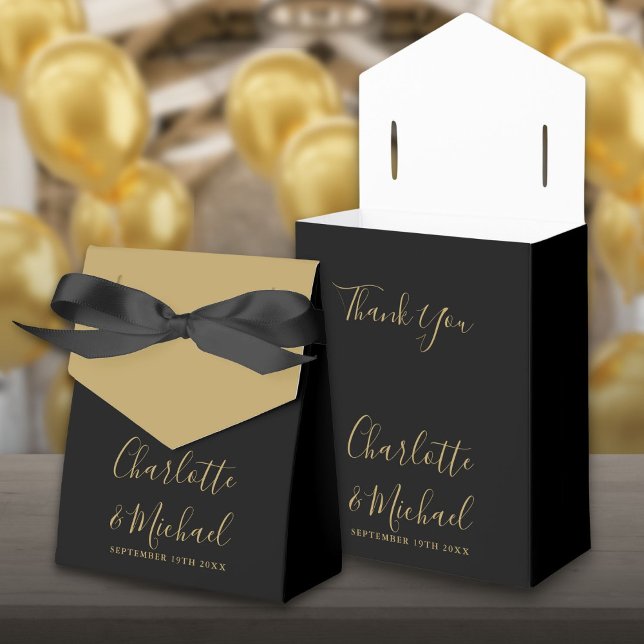 Caixinha De Lembrancinhas Casamento com Rótulo em Ouro e Preto (Elegant Gold And Black Script Wedding Favor Box)