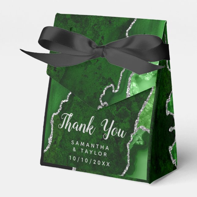 Caixinha De Lembrancinhas Casamento de Agata Verde e Prata Obrigado (Frente)