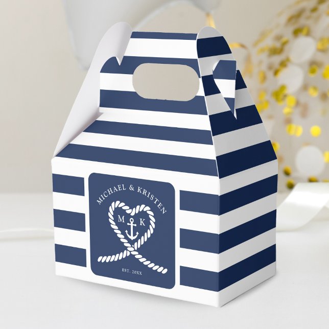 Caixinha De Lembrancinhas Casamento de Âncora Náutica Blue Striped Heart (Nautical Blue and White Rope Heart Anchor Striped Monogram Wedding Favor Box)