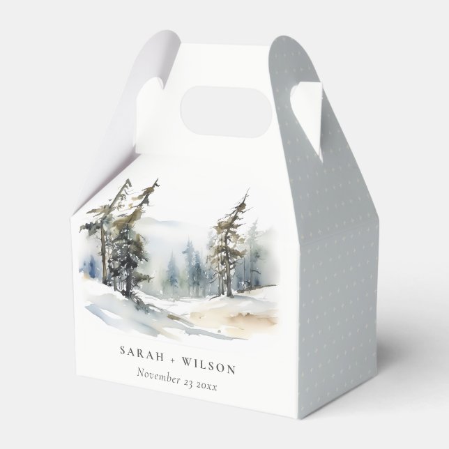 Caixinha De Lembrancinhas Casamento de Aquarela de Pinheiros de Inverno (Frente)