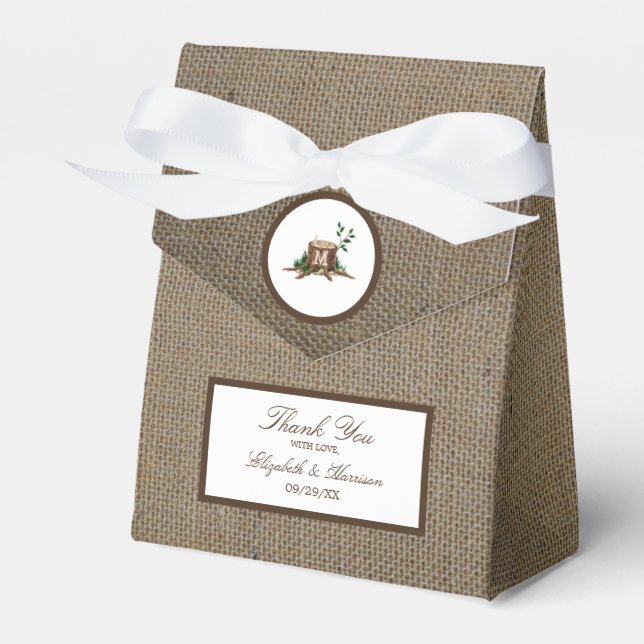 Caixinha De Lembrancinhas Casamento de Árvore do Monograma de Burlap Rustic  (Frente)
