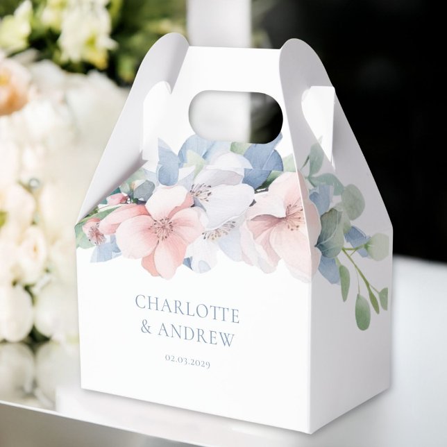 Caixinha De Lembrancinhas Casamento de Flores Azuis-Rosa Elegante (Elegant Blue Pink Flowers THANK YOU! Wedding Favor Boxes with your name and date.)