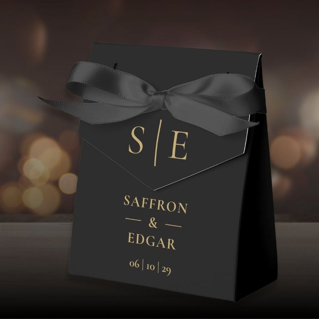 Caixinha De Lembrancinhas Casamento De Monograma Dourado E Preto Elegante (Elegant Black And Gold Monogram Wedding Favor Boxes)
