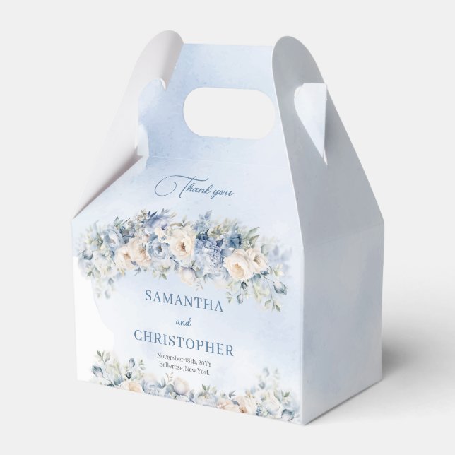 Caixinha De Lembrancinhas Casamento de ouro para rosas brancas e azuis (Frente)