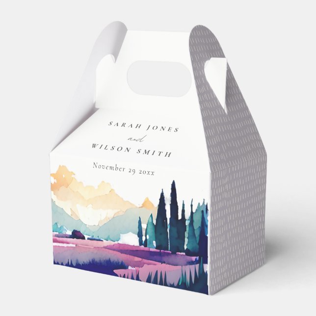 Caixinha De Lembrancinhas Casamento de Paisagem Lilac Fields em Montanha (Frente)