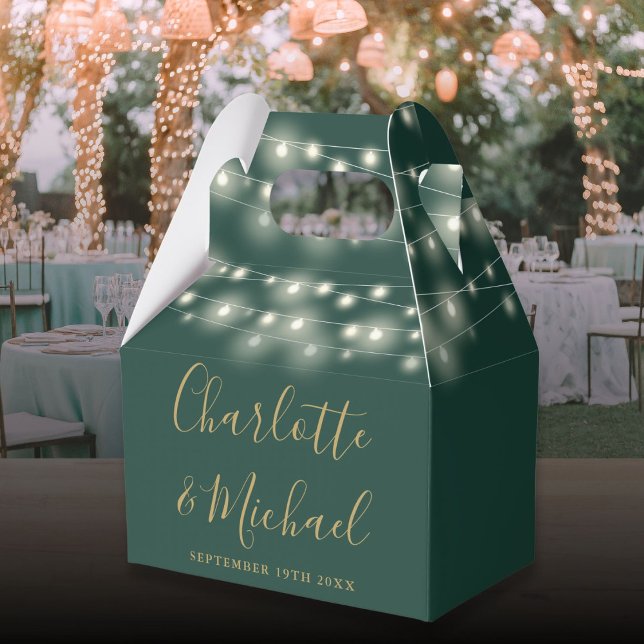 Caixinha De Lembrancinhas Casamento de Script de Assinatura das Luzes Dourad (Green Gold String Lights Signature Script Wedding Favor Boxes)