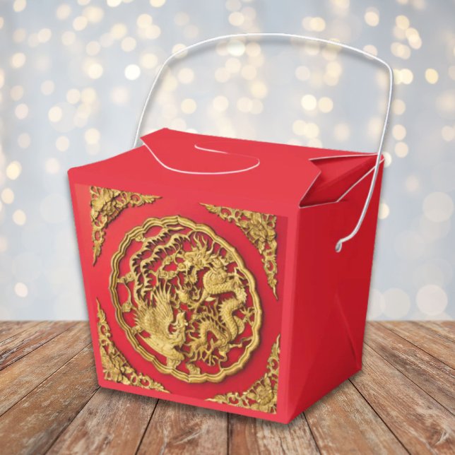 Caixinha De Lembrancinhas Casamento Dourado Chinês Vermelho de Phoenix (Dragon Phoenix Red Gold Chinese Wedding Favor Boxes)