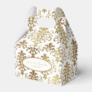 Caixinha De Lembrancinhas Casamento Dourado de Script Branco Damask Elegante