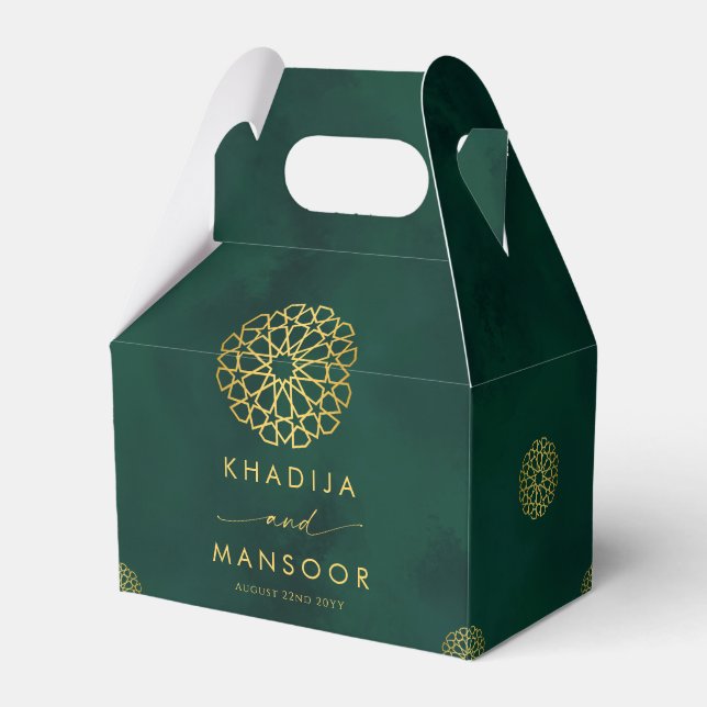 Caixinha De Lembrancinhas Casamento Dourado do Ornamentado Real Emerald Gree (Frente)