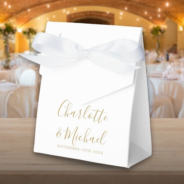 Caixinha De Lembrancinhas Casamento Dourado E Branco Simples (Simple Gold And White Script Wedding Favor Box)