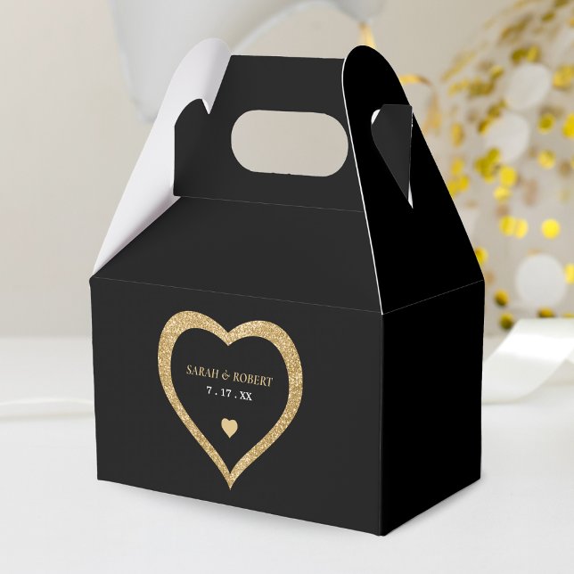 Caixinha De Lembrancinhas Casamento Dourado e brilhante (Black & Gold Glitter Heart Wedding Favor Box)