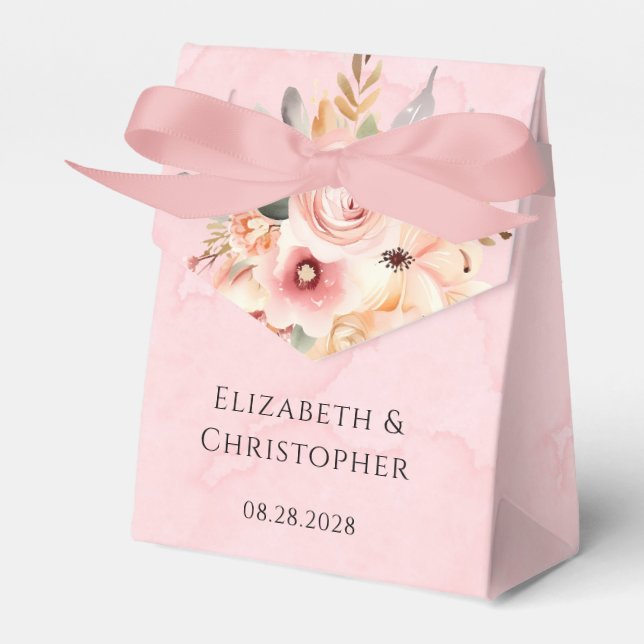 Caixinha De Lembrancinhas Casamento Dourado e cor-de-rosa com Florais Chic (Frente)