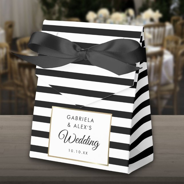 Caixinha De Lembrancinhas Casamento Dourado Elegante De Stripe Negra E Branc (Black And White Stripe Elegant Gold Wedding Favor Box)