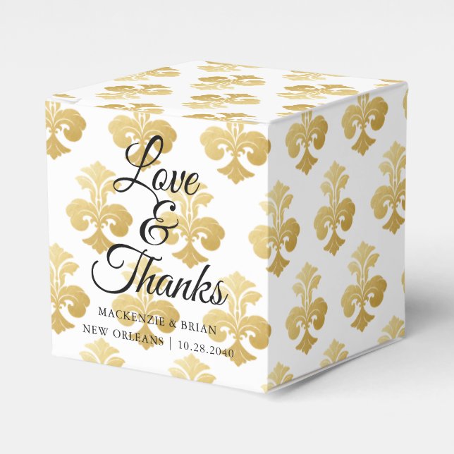 Caixinha De Lembrancinhas Casamento Dourado Fleur De Lis Personalizado (Frente)