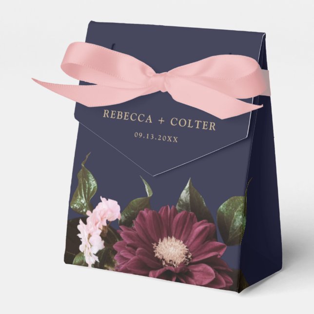 Caixinha De Lembrancinhas Casamento Floral Azul-Borgonha-Azul Elegante (Frente)