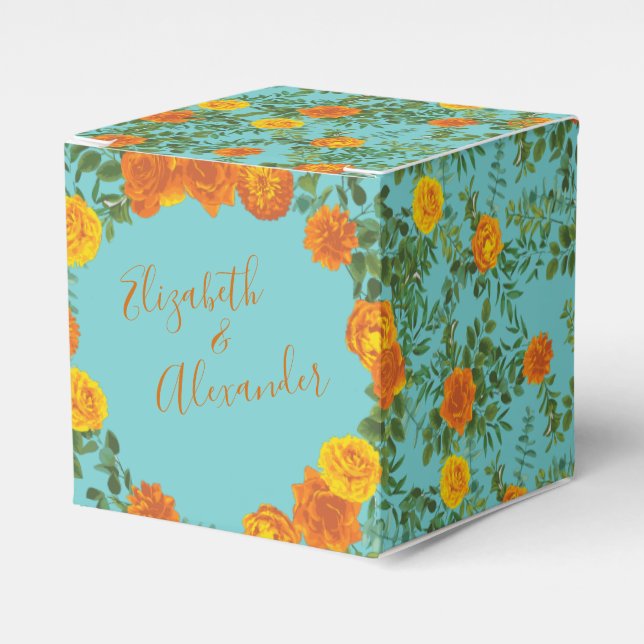 Caixinha De Lembrancinhas Casamento Floral de Orange Teal Aqua Peony e Rosa (Frente)