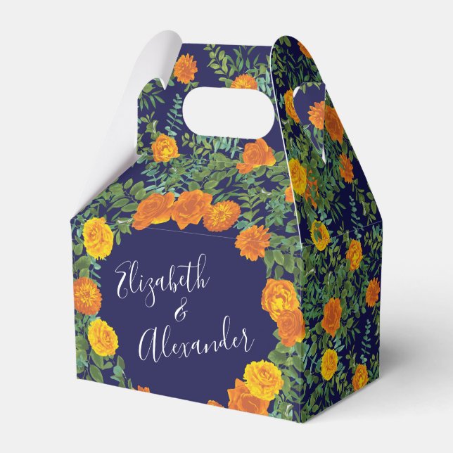 Caixinha De Lembrancinhas Casamento Floral Laranja e Marinho Azul (Frente)