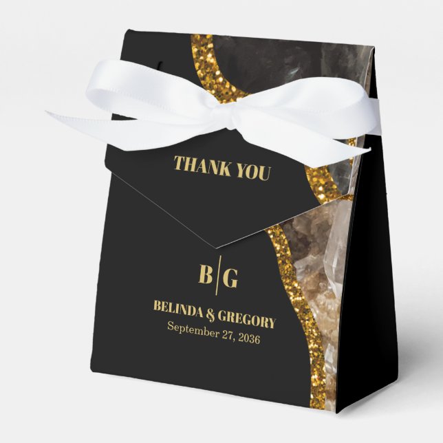 Caixinha De Lembrancinhas Casamento Glitter de Geodo de Agato Preto e Dourad (Frente)