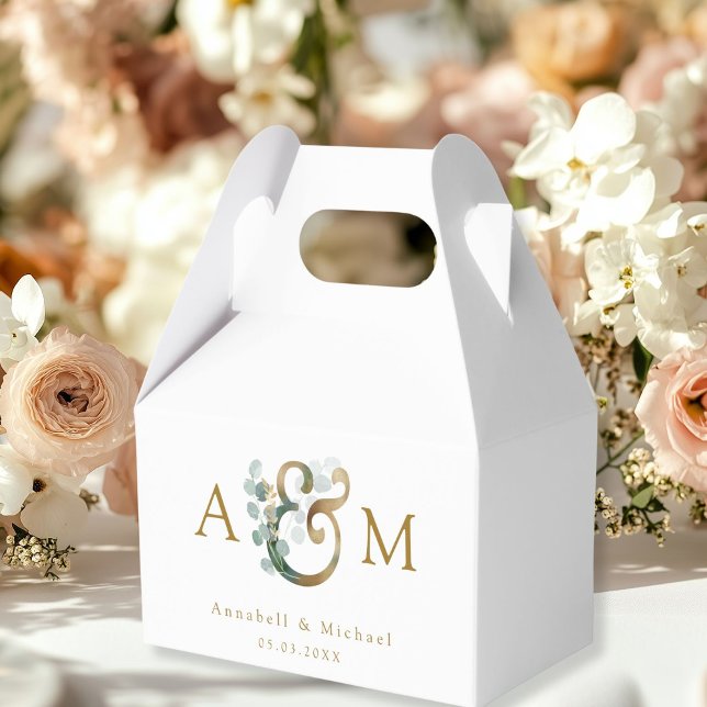 Caixinha De Lembrancinhas Casamento Moderno Elegante Eucalyptus Ampersand (Eucalyptus Wedding Favor Box, Monogram, Ampersand, Botanical, white, beige-gold, minimal, modern.)
