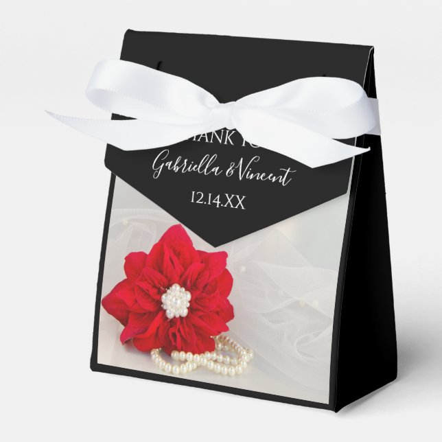 Caixinha De Lembrancinhas Casamento no inverno Red Poinsettia e White Pearls (Frente)