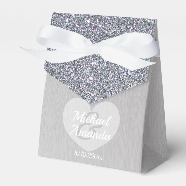 Caixinha De Lembrancinhas Casamento Prata Brilho Personalizado (Frente)