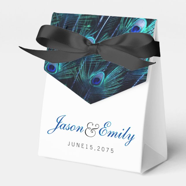 Caixinha De Lembrancinhas Casamento Real de Pavão Azul Elegante (Frente)