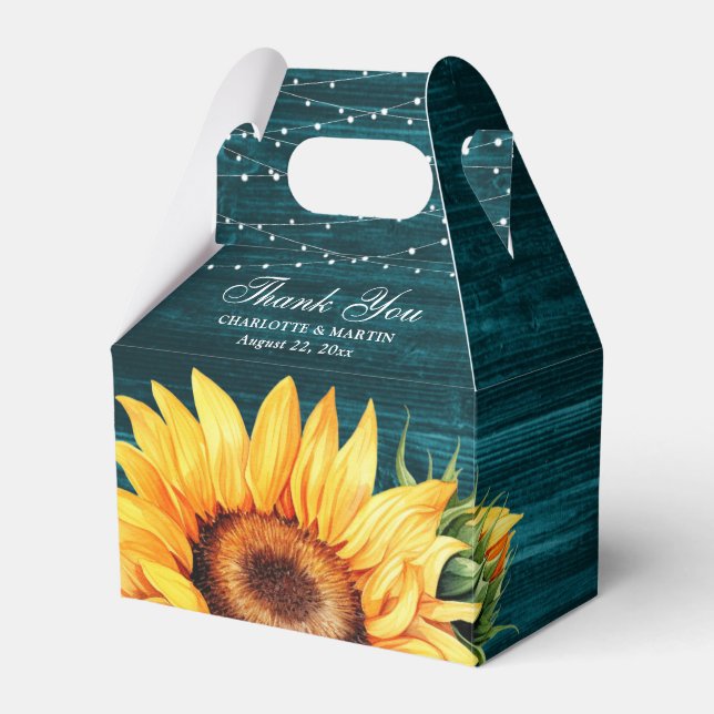 Caixinha De Lembrancinhas Casamento Rustic Teal Wood Sunflower Obrigado (Frente)