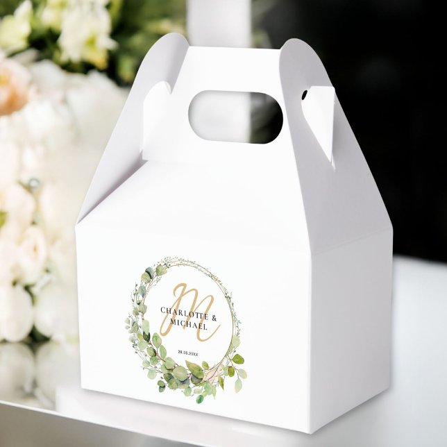 Caixinha De Lembrancinhas Casamento simples, elegante, monograma de eucalipt (Simple, elegant, monogram eucalyptus wedding favor boxes)