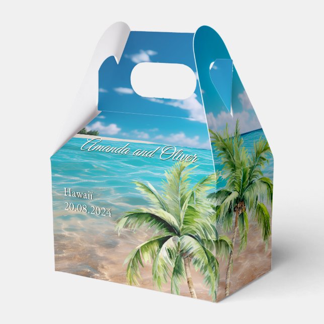 Caixinha De Lembrancinhas Casamento Tropical Palm Tree Beach de Turquoise (Frente)