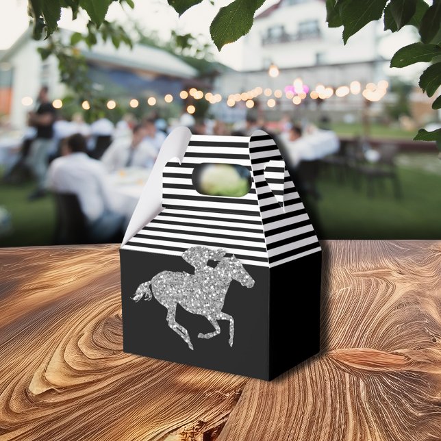 Caixinha De Lembrancinhas Cavalo de Corrida Prata Listras Pretas e Brancas (Silver Racehorse Black White Stripes Favor Boxes)