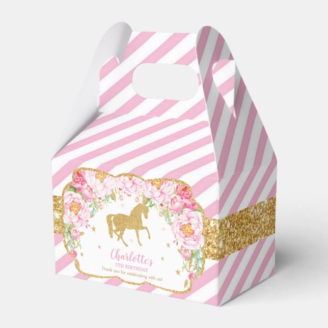 Caixinha De Lembrancinhas Cavalo Rosa Dourado Floral Branca Aniversário Obri (Frente)