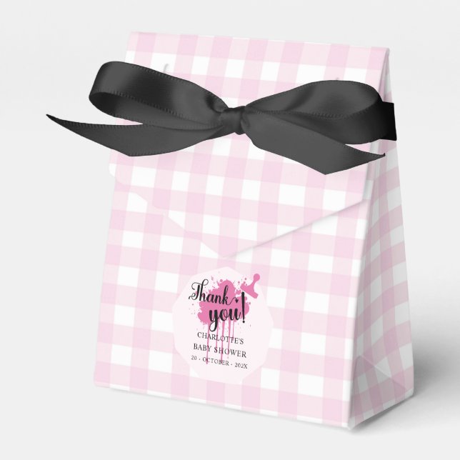 Caixinha De Lembrancinhas Chá de Bebê Rosa Xadrez Fofo Pastel (Frente)