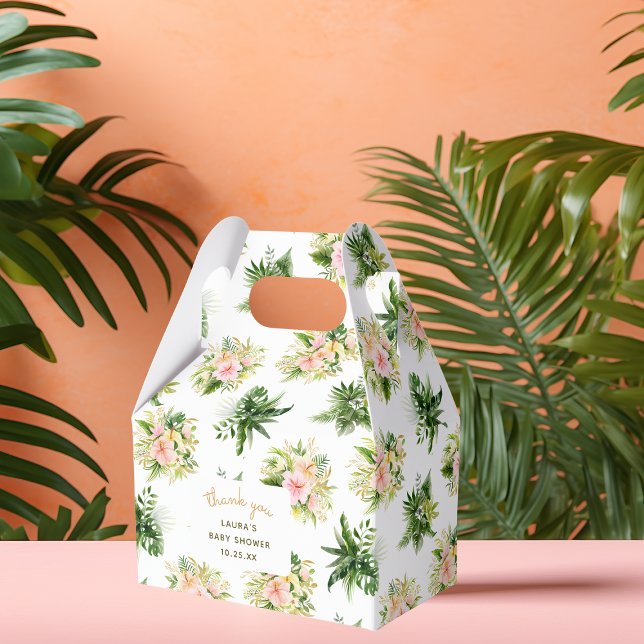 Caixinha De Lembrancinhas Chá de Bebê Tropical Floral Obrigado (favor box mockup for a tropical baby shower with jungle leaves and flowers, botanical pattern)