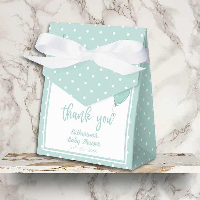 Caixinha De Lembrancinhas Chá de fraldas BOHO Gênero Neutro Mint Verde (Baby Shower Thank You Favor Box with Bow, Mint Green Polka Dots, Balloon, Mom's Name, Date.)