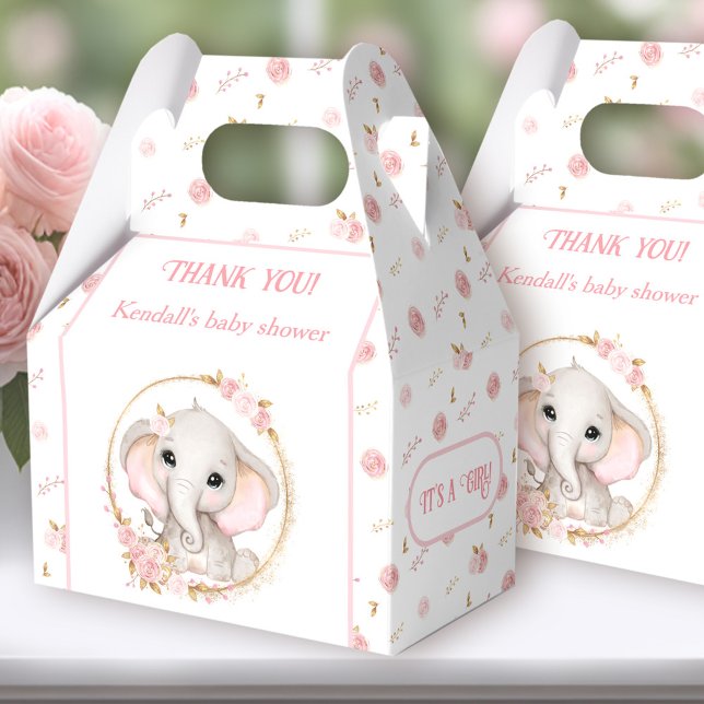 Caixinha De Lembrancinhas Chá de fraldas Branco das Flores Rosa de Elefante  (You can choose from 3 sizes of these gable favor boxes simply by clicking on the STYLE dropbox.)