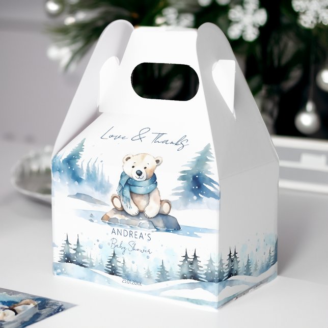 Caixinha De Lembrancinhas Chá de fraldas de espera do urso polar (Polar bear winter bearly wait baby shower favor box cute teddy bear with a scarf blue pines baby boy)