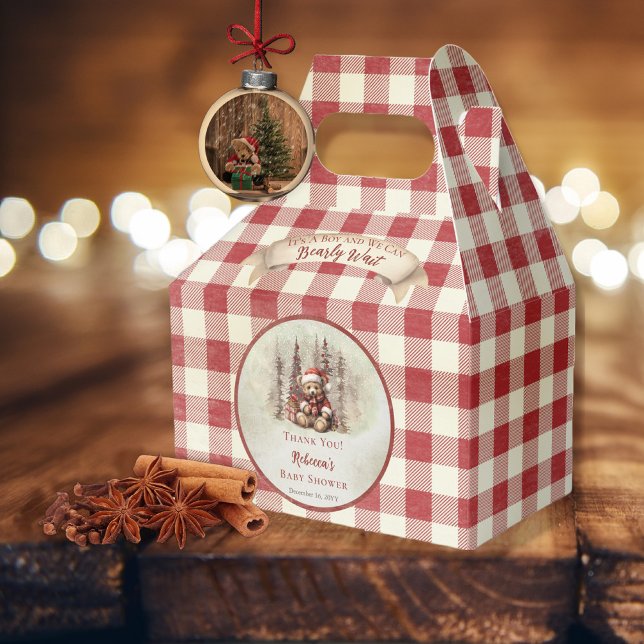 Caixinha De Lembrancinhas Chá de fraldas de Feriado de Espera do Urso de Woo ("It's A Boy and We Can Bearly Wait" Baby Shower rustic woodland Christmas Holiday design)