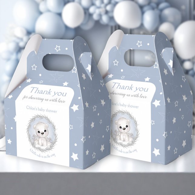 Caixinha De Lembrancinhas Chá de fraldas de Inverno Azul Urso Polar Branco (Cute Polar Bear Blue Winter Boy Baby Shower Favor Box)