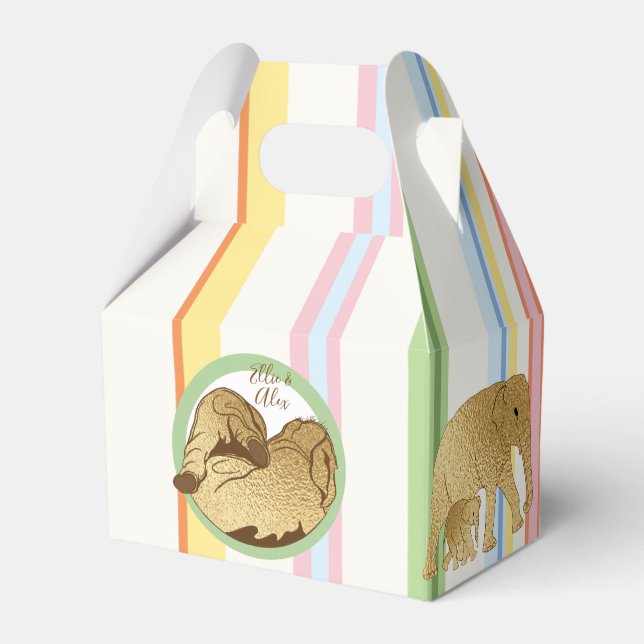 Caixinha De Lembrancinhas Chá de fraldas Elefante Mãe e Bebê Stripes (Frente)