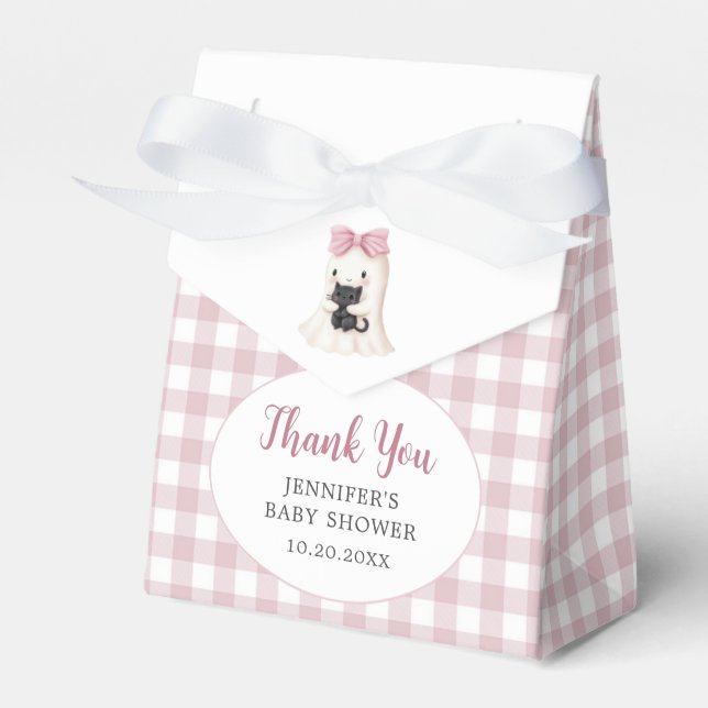 Caixinha De Lembrancinhas Chá de fraldas Gingham Halloween Ghost Girl Rosa (Frente)